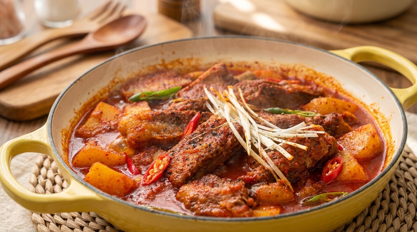 Travers de porc coréens épicés mijotés (Dwaeji Galbi-jjim)