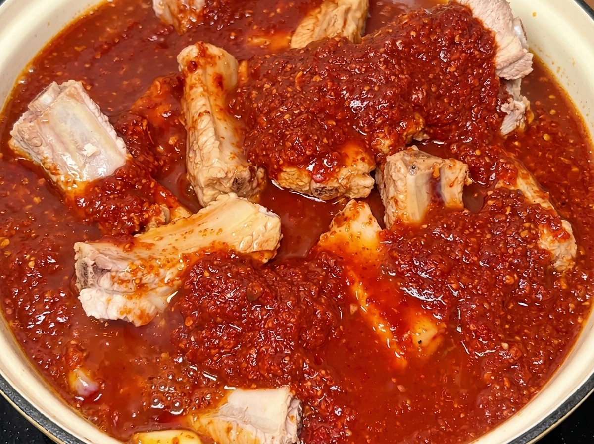Travers de porc dans une sauce rouge épaisse en pleine cuisson.