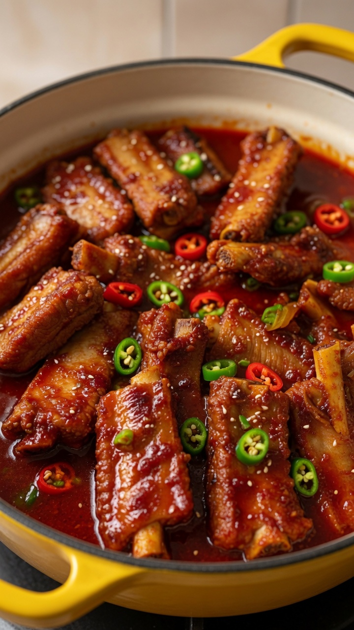 Travers de porc coréens épicés dans une sauce rouge riche et brillante, garnis de piments frais et de graines de sésame.
