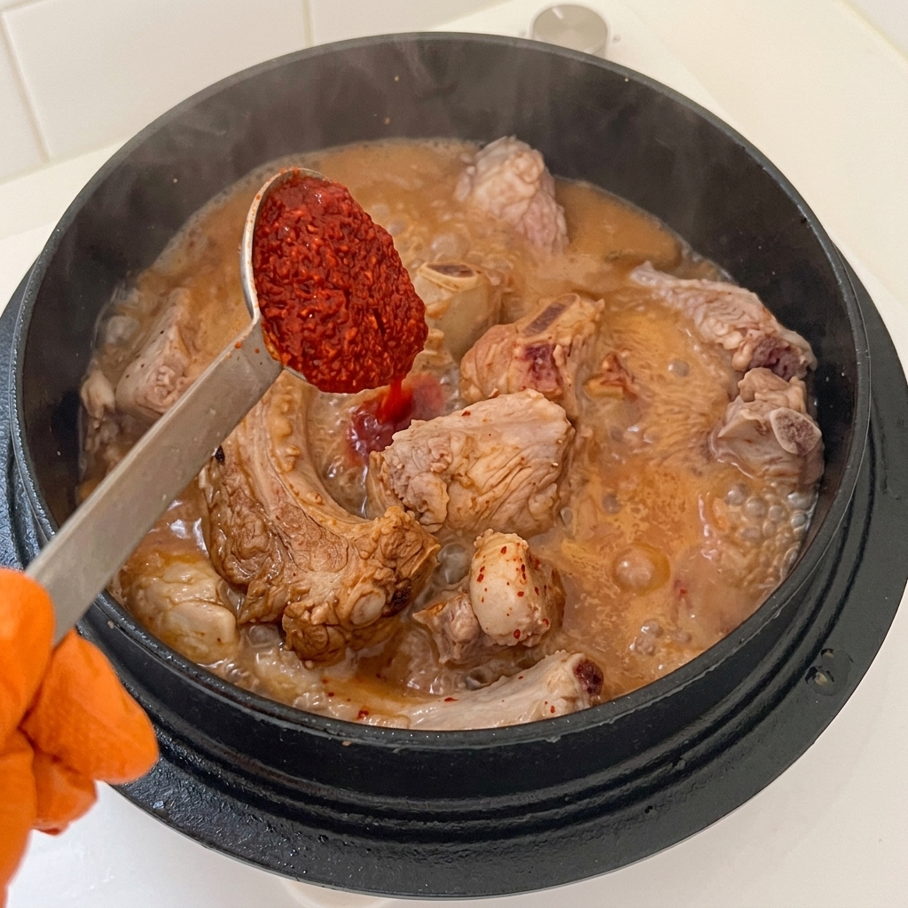 Cuillère ajoutant du piment en poudre et de lail haché dans une marmite avec la viande et la base liquide.