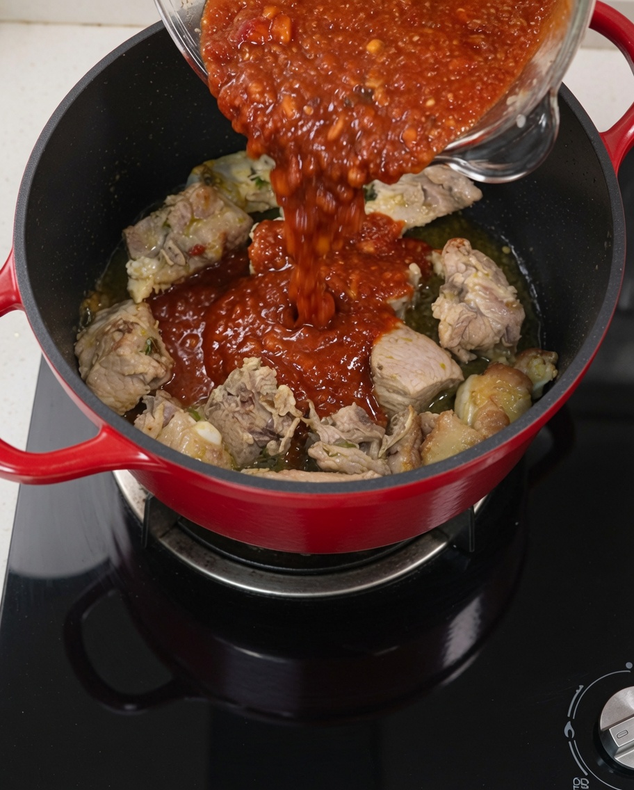 Le mélange de sauce versé sur les travers de porc dorés dans la marmite.