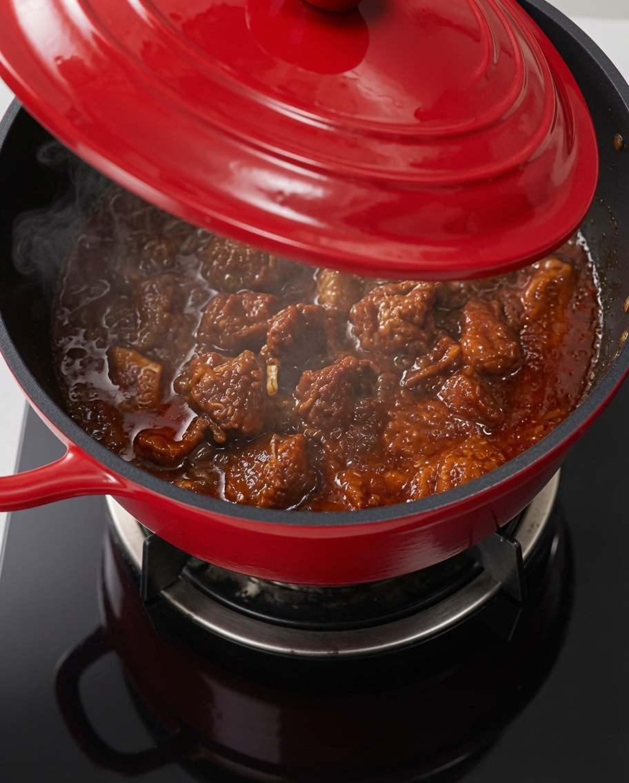 Morceaux de pommes de terre ajoutés dans la marmite avec les travers et la sauce.