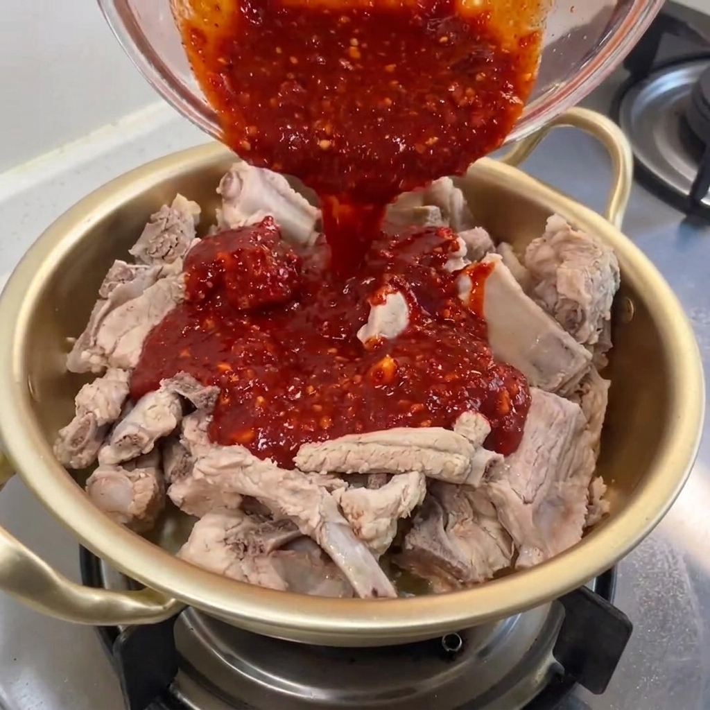 Sauce rouge épicée versée sur des travers de porc bouillis dans une casserole en métal.