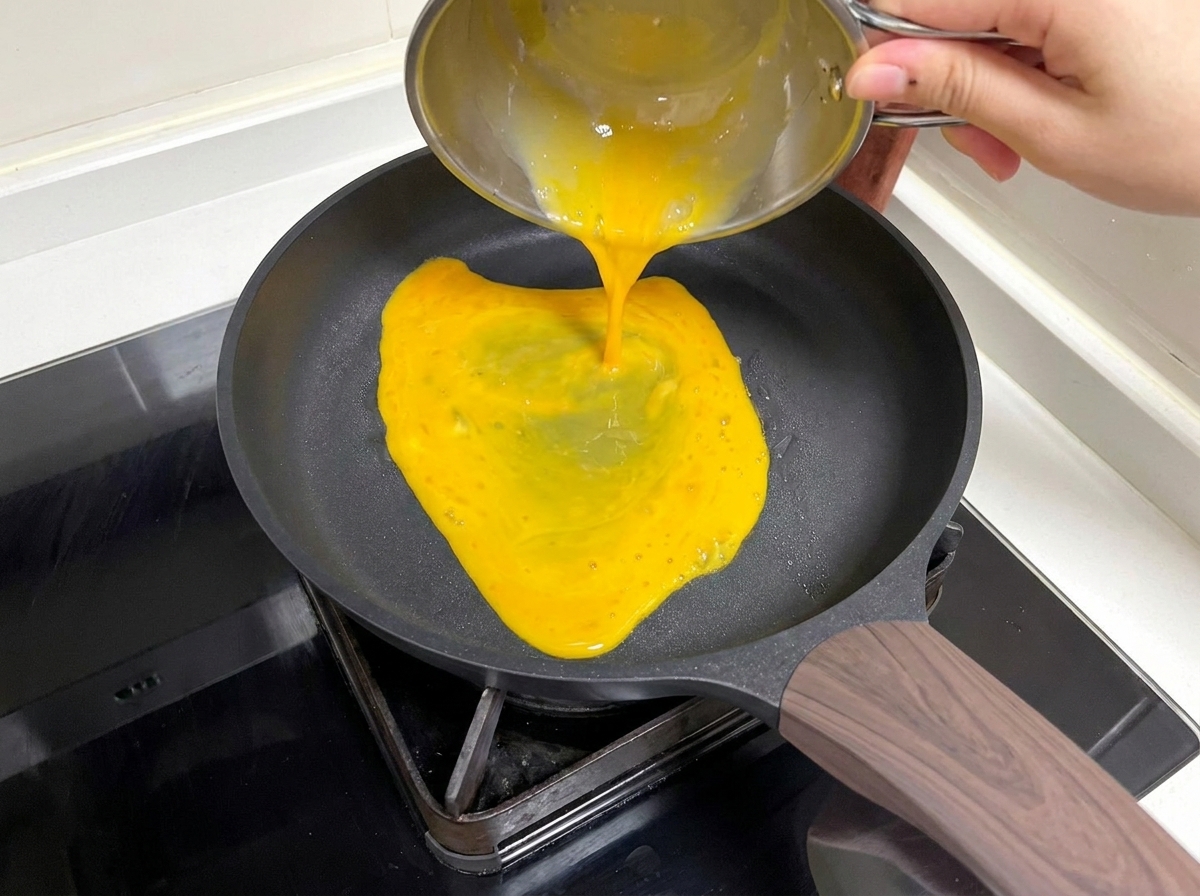 Mélange dœufs battus versé dans une poêle pour créer une crêpe dœuf fine.