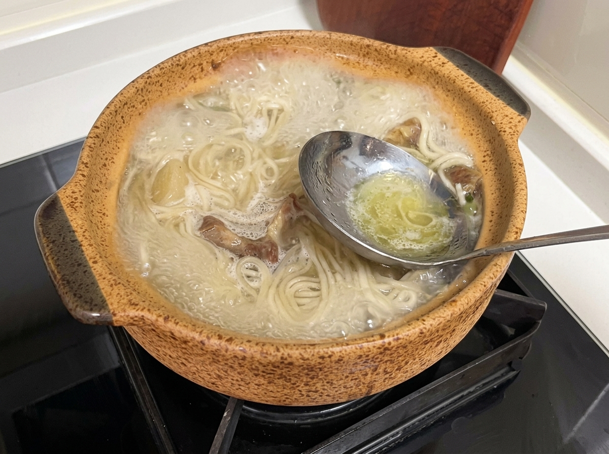 Une louche en métal utilisée pour écumer une couche de graisse excédentaire de la surface bouillante de la soupe de bœuf dans un pot en céramique.
