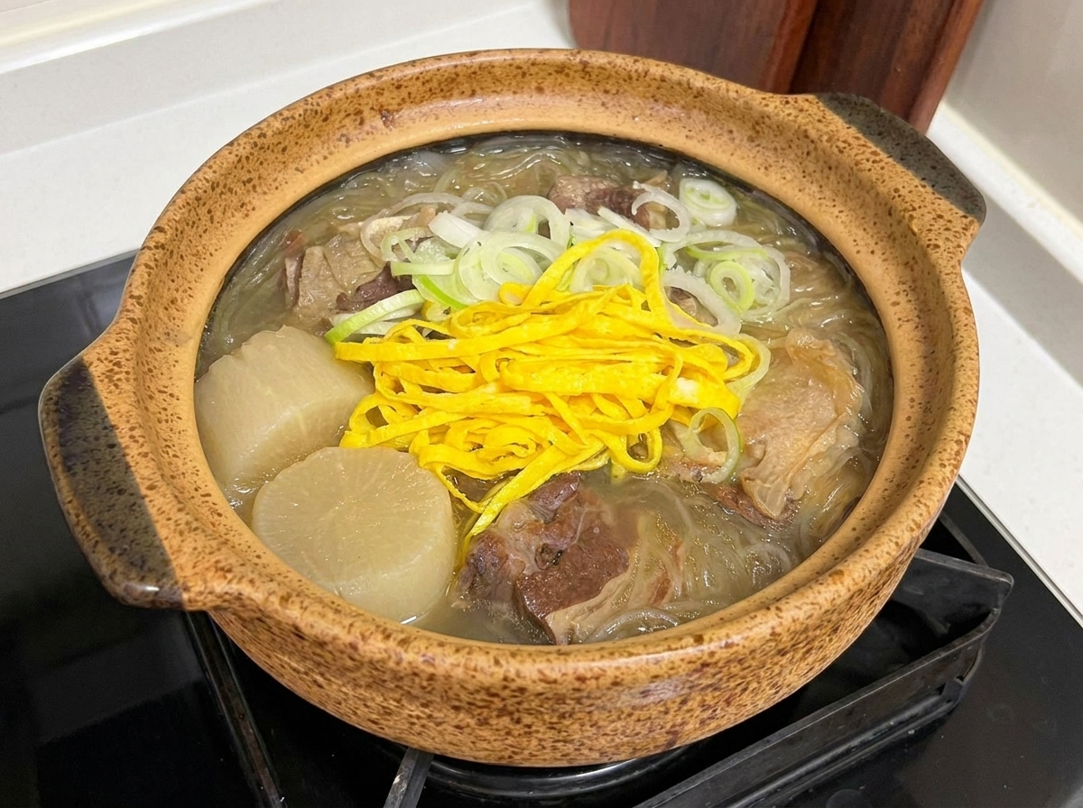 Le bol fini de soupe aux os de bœuf assaisonné dune légère pincée de sel et de poivre noir.