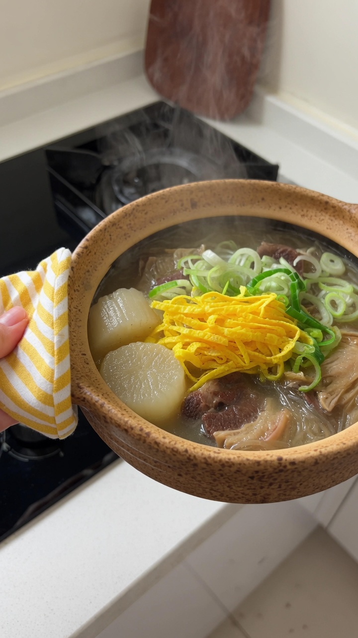 Un bol rustique de soupe coréenne aux os de bœuf comprenant des côtes tendres, du radis moelleux et une garniture dœuf délicate.