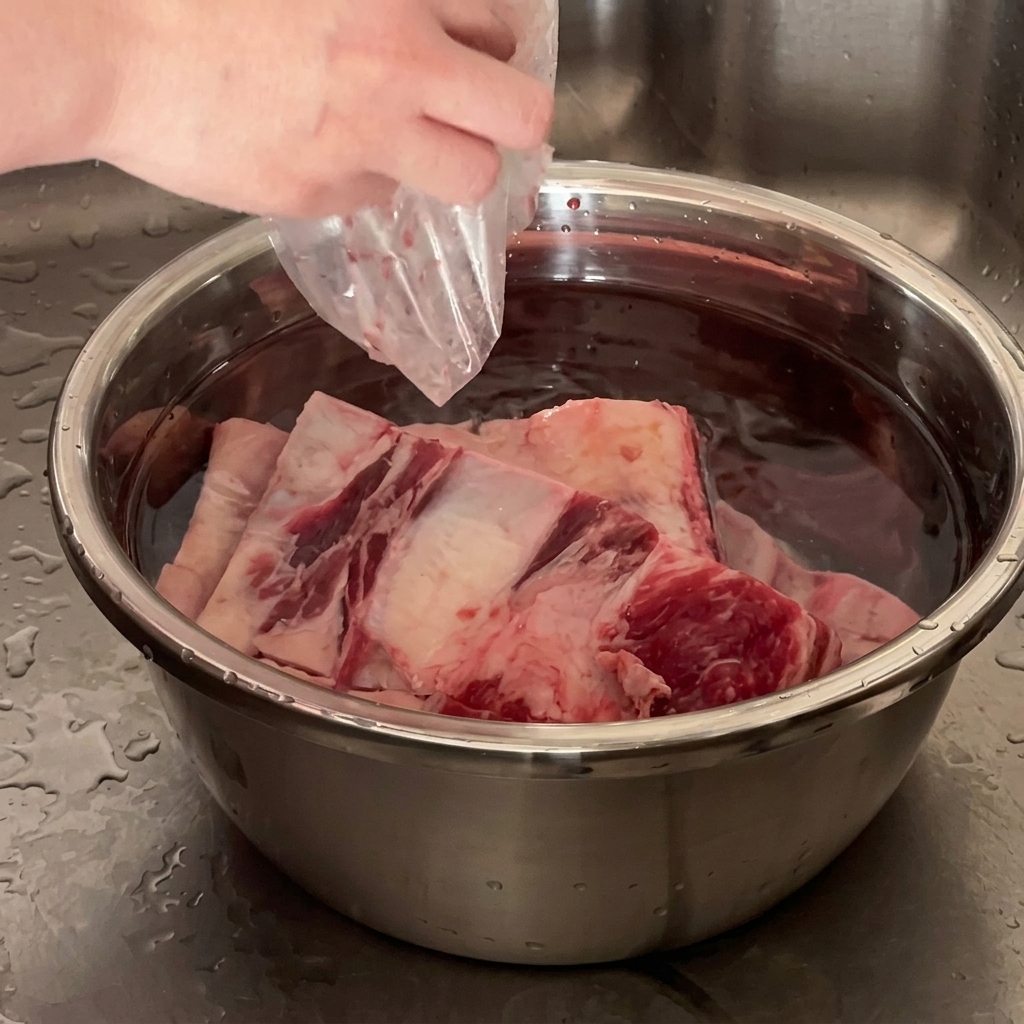 Travers de bœuf crus trempant dans un grand saladier deau dans lévier.