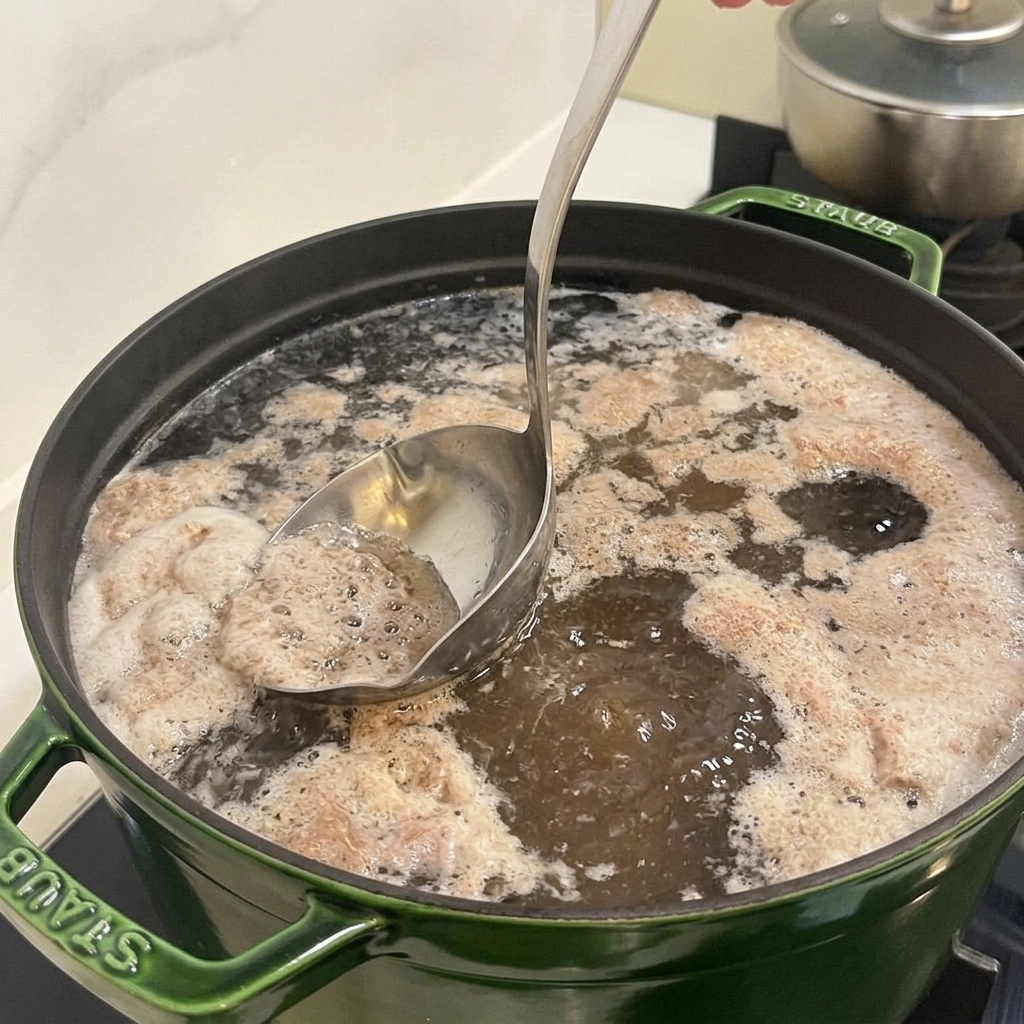 Une louche en métal retirant lécume blanche à la surface dun bouillon en ébullition.