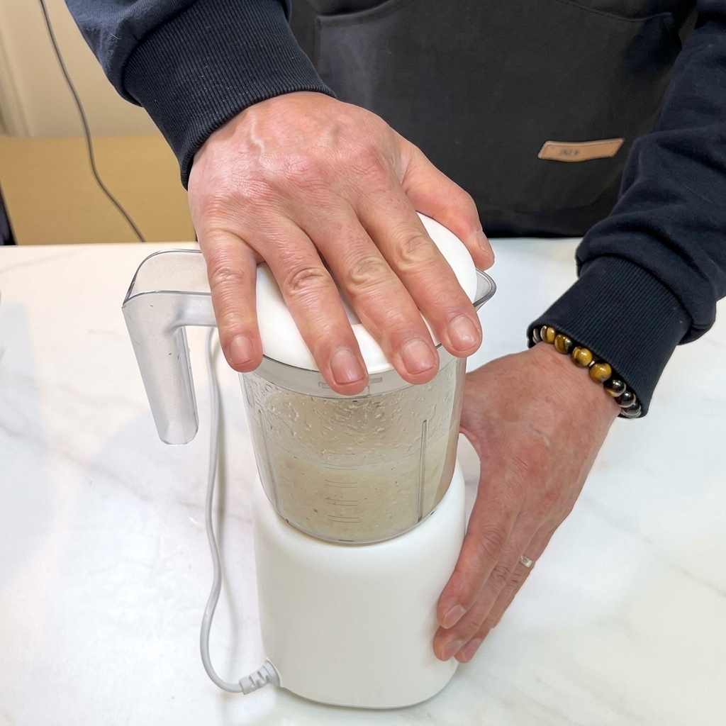 Un blender électrique réduisant en purée des morceaux de poire avec de leau.