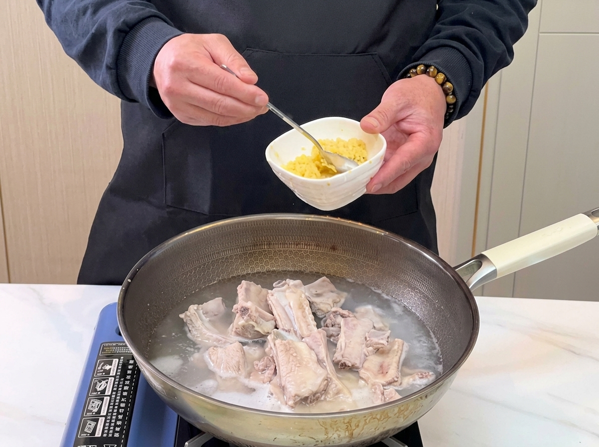 Une cuillère ajoutant de lail émincé dun petit bol dans une marmite deau et de côtes de porc.