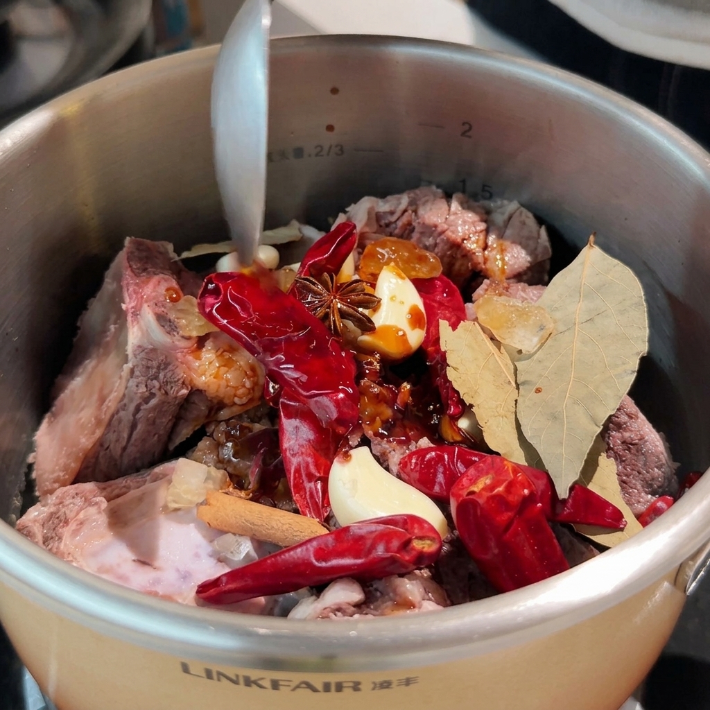 Diverses sauces ajoutées aux côtes de bœuf et au mélange dépices dans la casserole.