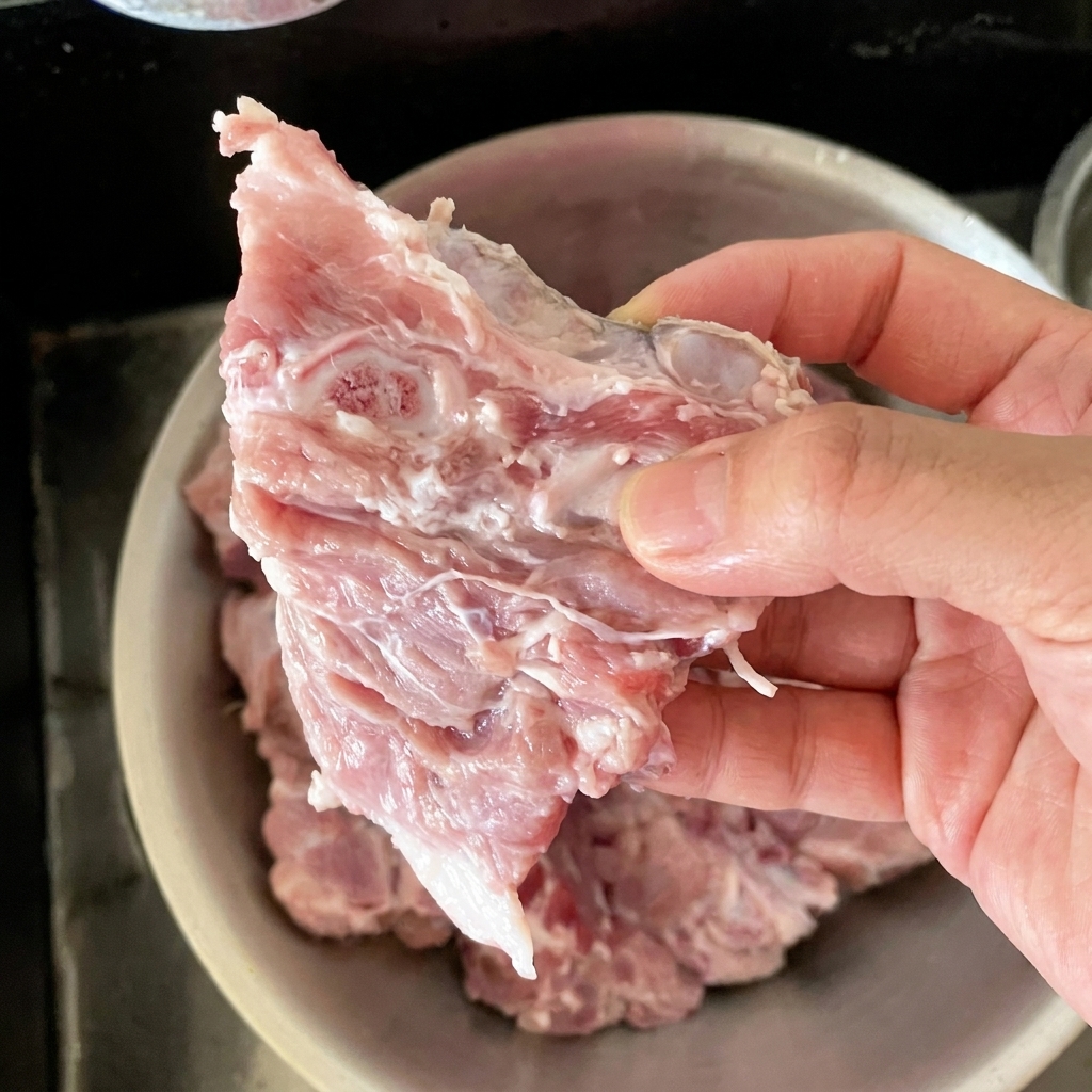 Morceaux déchine de porc crus trempant dans un bol deau claire.