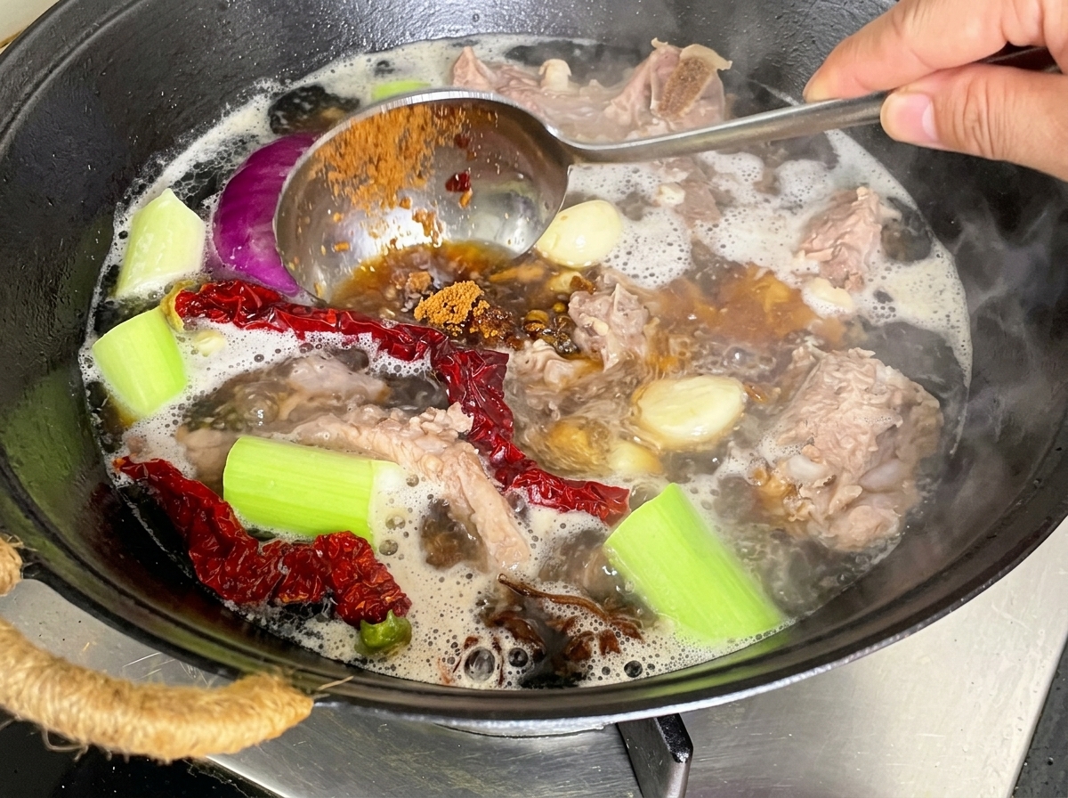 Pâte de soja fermentée ajoutée dans la cocotte de porc frémissante.