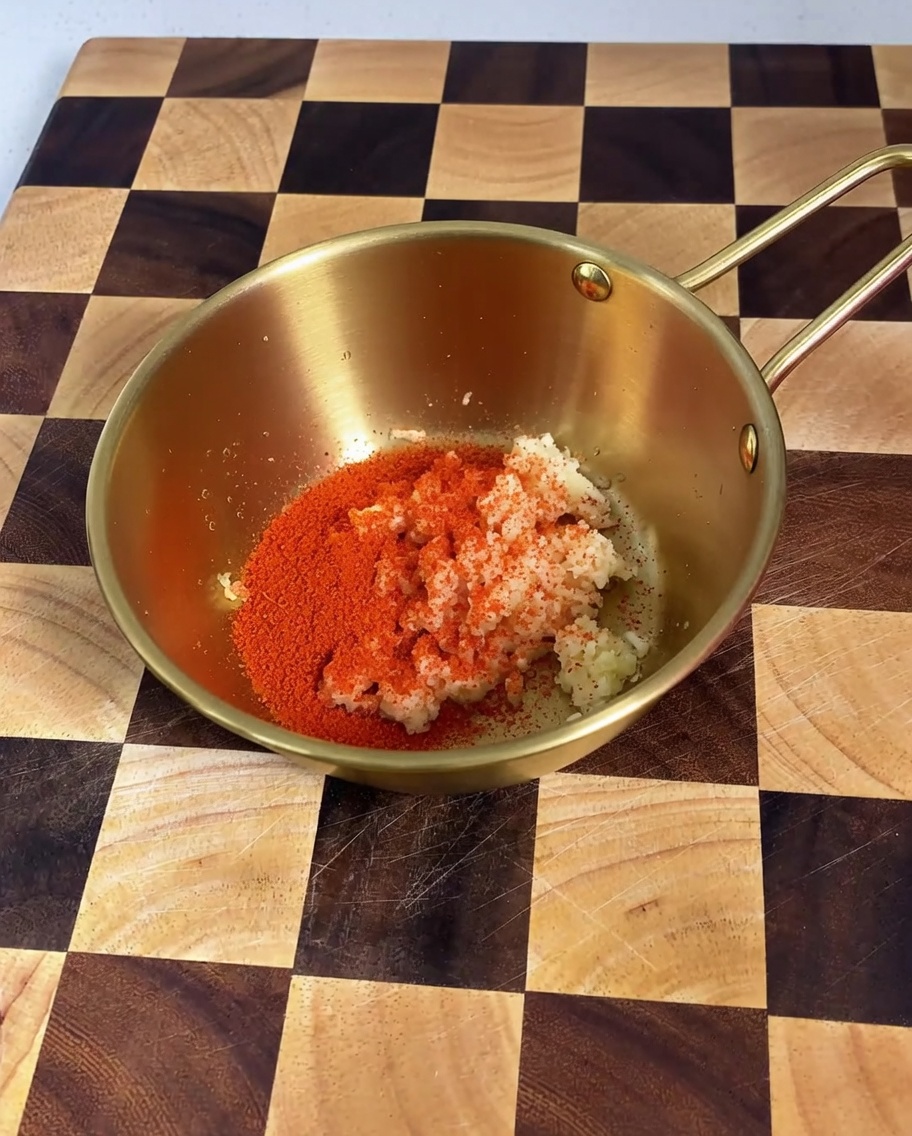 Gros plan sur de lail émincé et du piment en poudre mélangés à dautres ingrédients dans un bol doré.