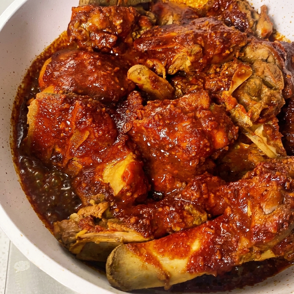 Épaisse sauce au piment rouge versée à la cuillère sur les morceaux déchine de porc disposés dans un plat blanc.
