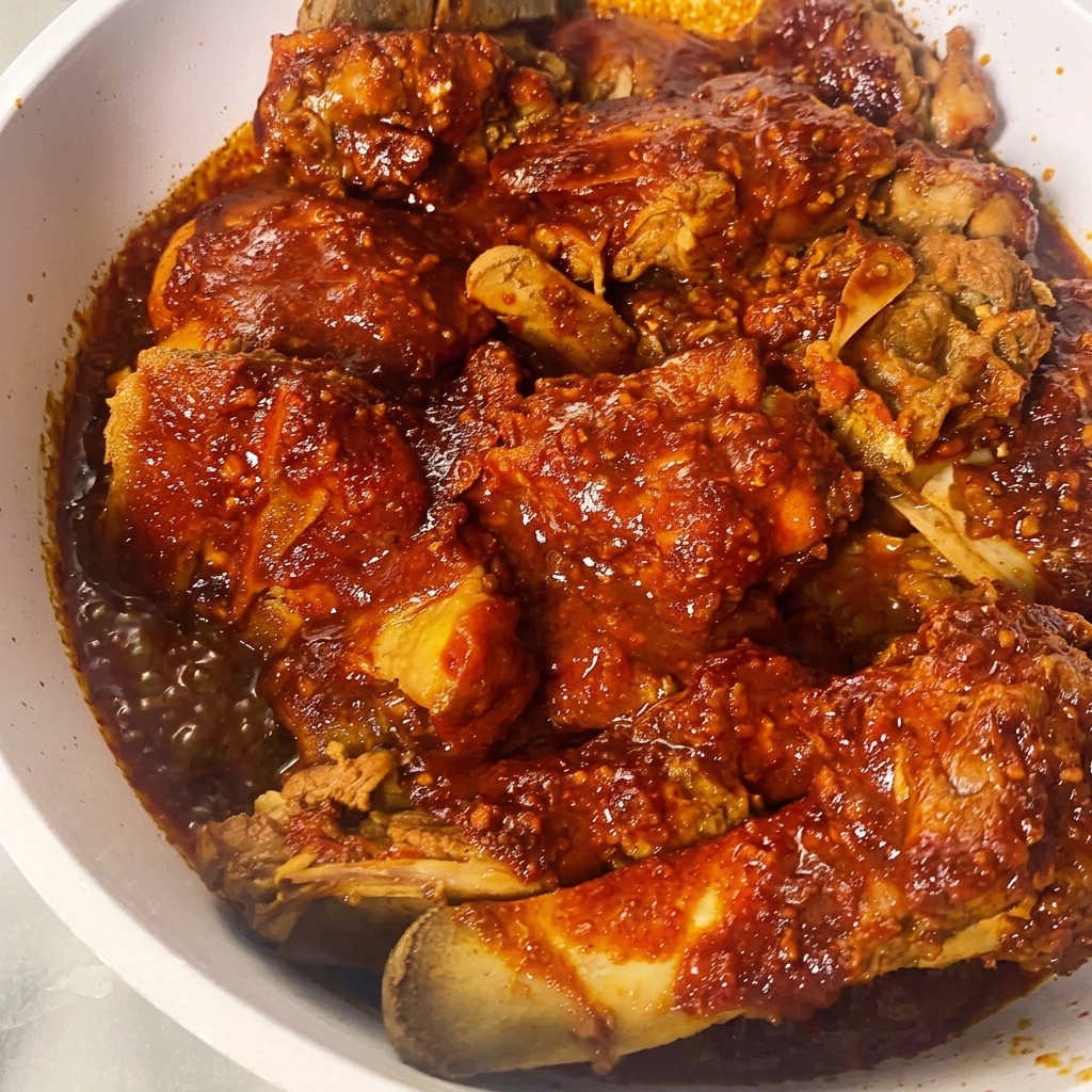 Bouillon versé à la louche sur le porc nappé de sauce dans une poêle avant de couvrir avec un couvercle.