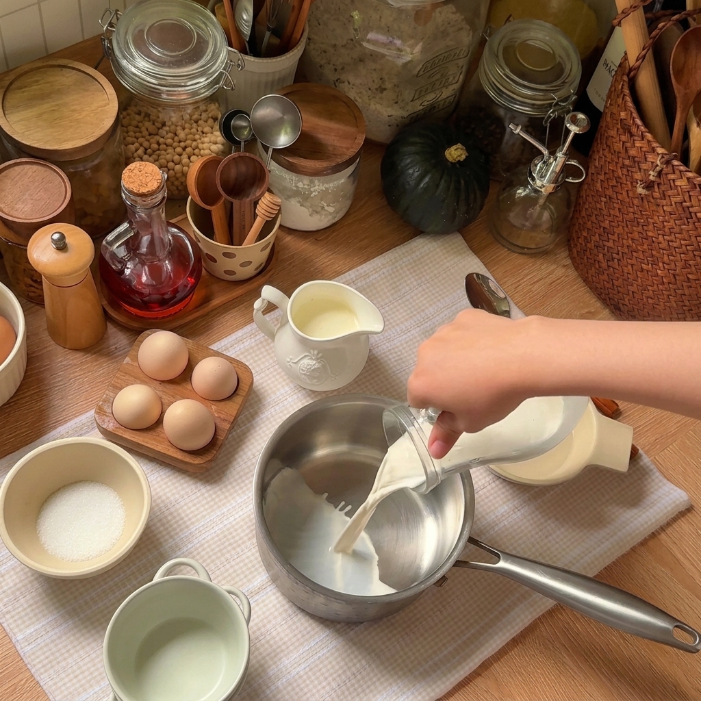 Du lait et de la crème entière versés dune tasse à mesurer en verre dans une casserole en acier inoxydable.