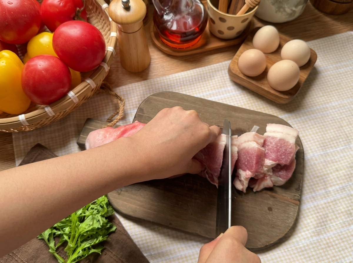 Du ventre de porc cru coupé avec un couteau sur une planchette à découper en bois entourée de légumes frais.