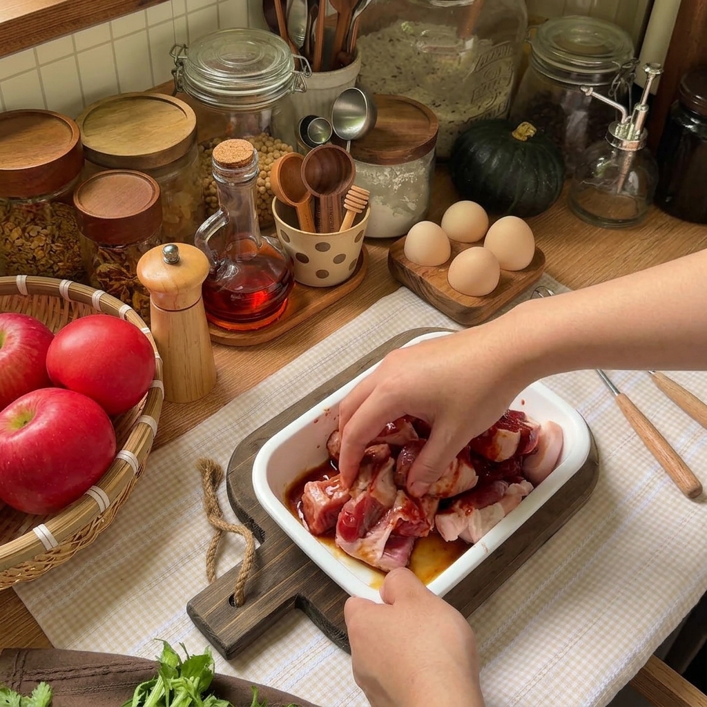 Des tranches de ventre de porc mélangées à une sauce marinade rouge à lintérieur dun plat de cuisson rectangulaire blanc.