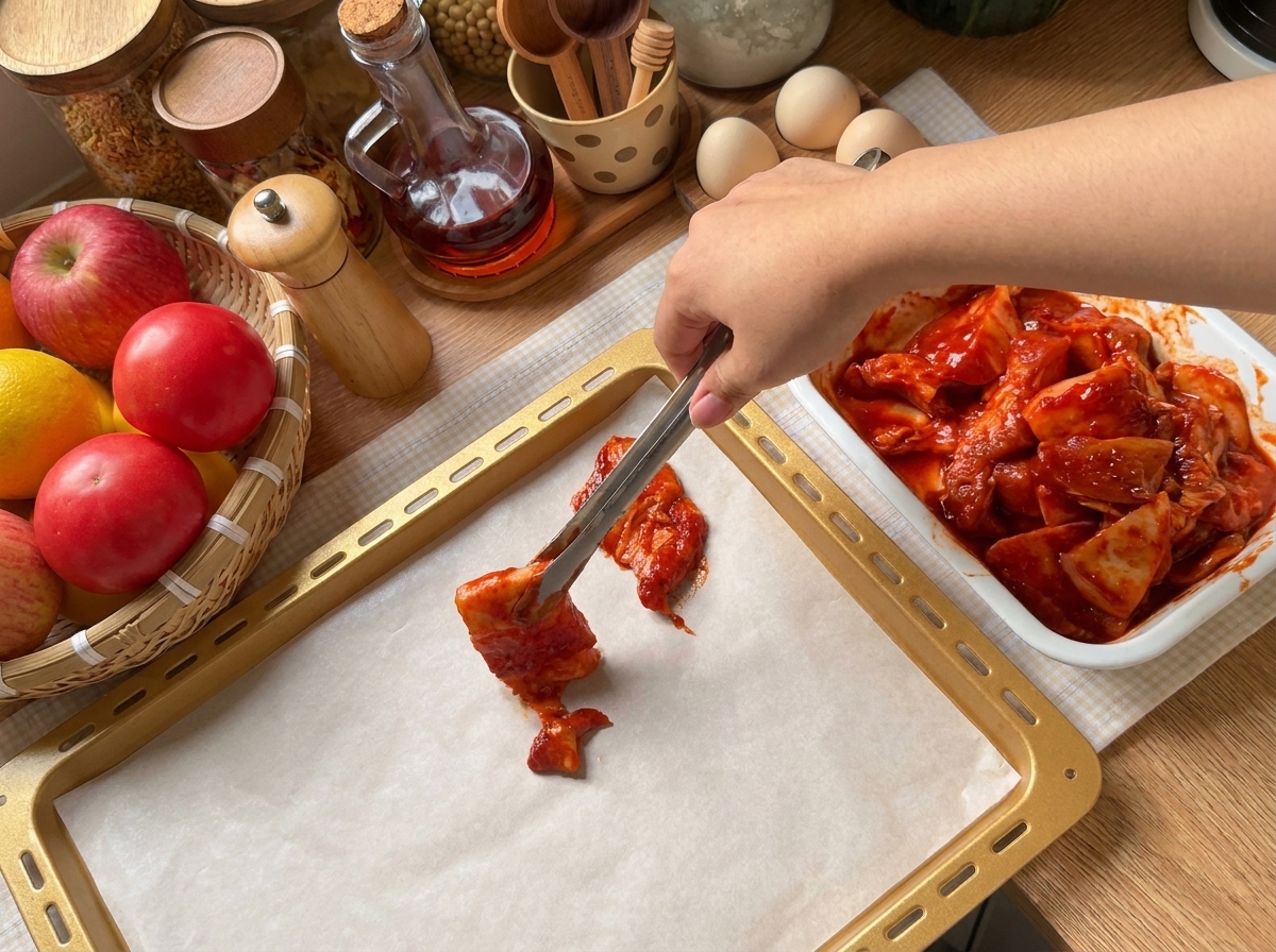Des pinces plaçant des lanières de ventre de porc assaisonnées sur une plaque de cuisson recouverte de papier sulfurisé.