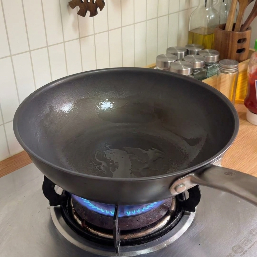 Une poêle chauffant sur une cuisinière à gaz avec de lhuile de cuisson à lintérieur, prête pour faire sauter des légumes.