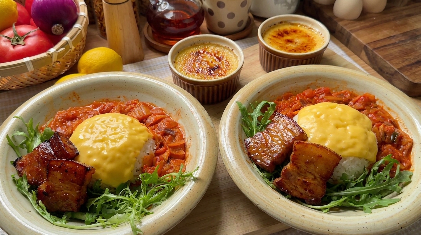 Bol de Riz au Ventre de Porc Épicé et Crémeux Coréen et Crème Brûlée au Caramel