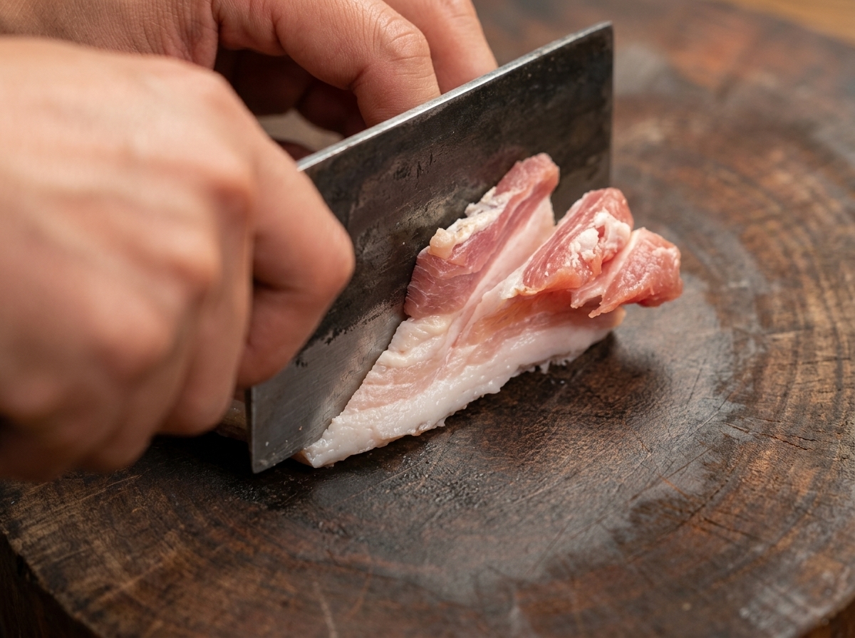 Poitrine de porc découpée minutieusement avec un couperet chinois sur une planche en bois.