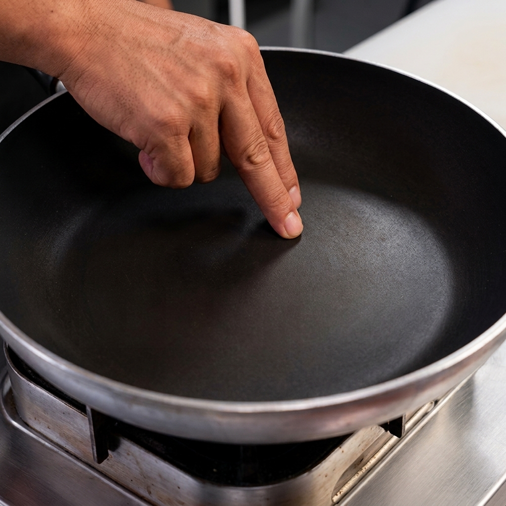 Une main pointant vers une poêle vide et sèche sur une cuisinière à gaz avant dajouter la viande.