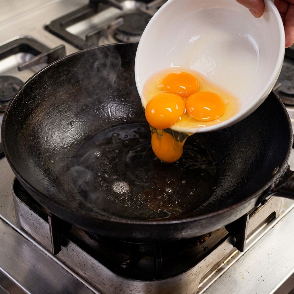 Jaunes dœufs crus versés dun bol blanc dans un wok chaud contenant du saindoux fondu.