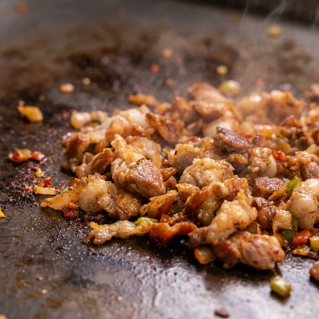 Morceaux de porc cuits et grésillants en train de cuire ensemble dans une poêle lors de la préparation.