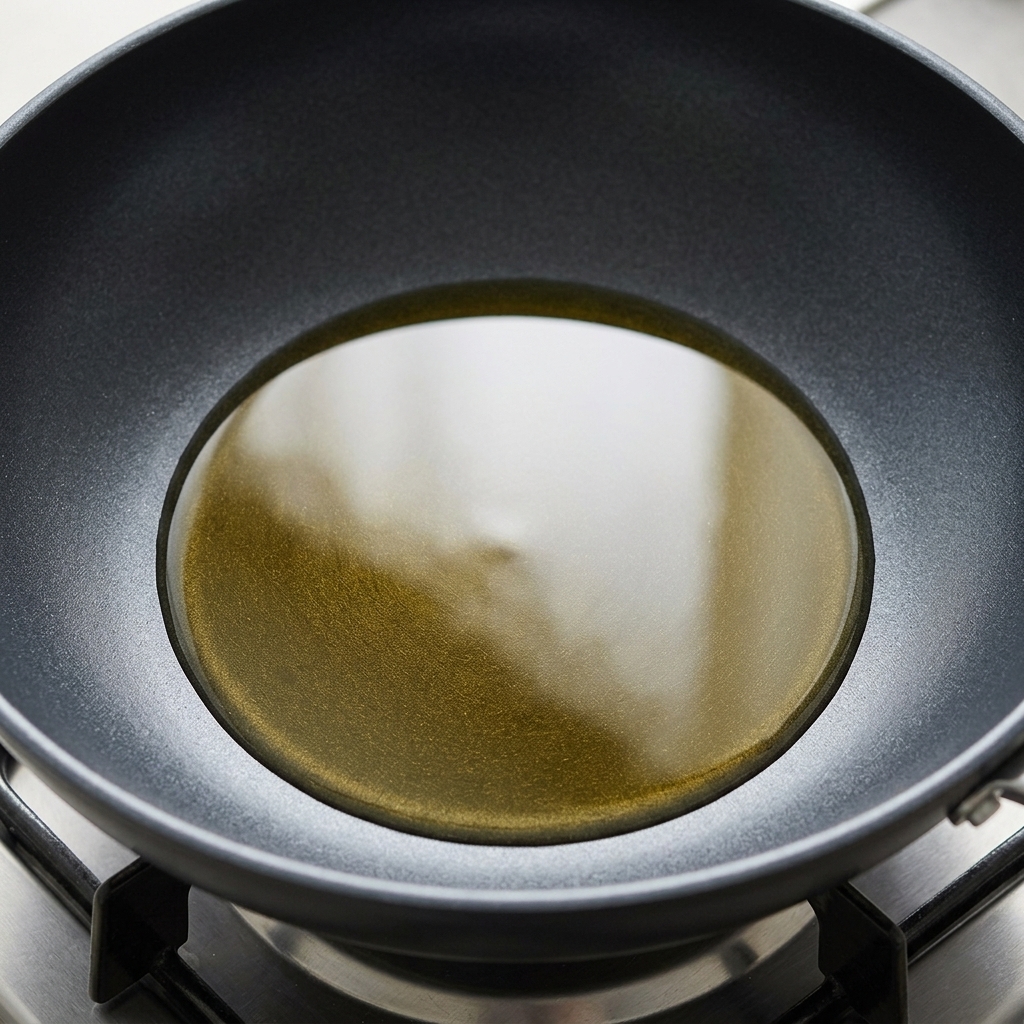 Huile de cuisson dorée qui brille dans une poêle sombre sur un brûleur à gaz.
