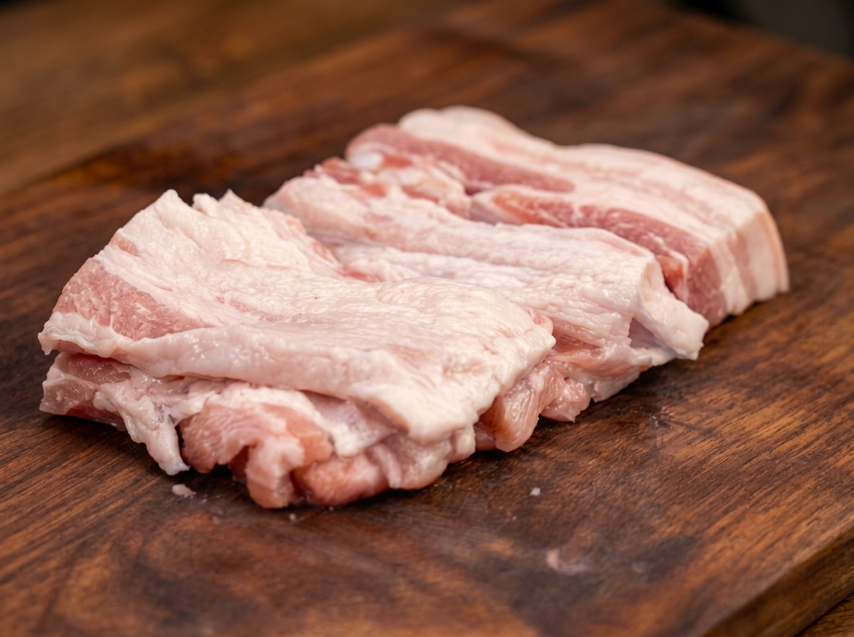 Tranches de poitrine de porc dans une poêle, assaisonnées avec la poudre BBQ et mélangées aux légumes.
