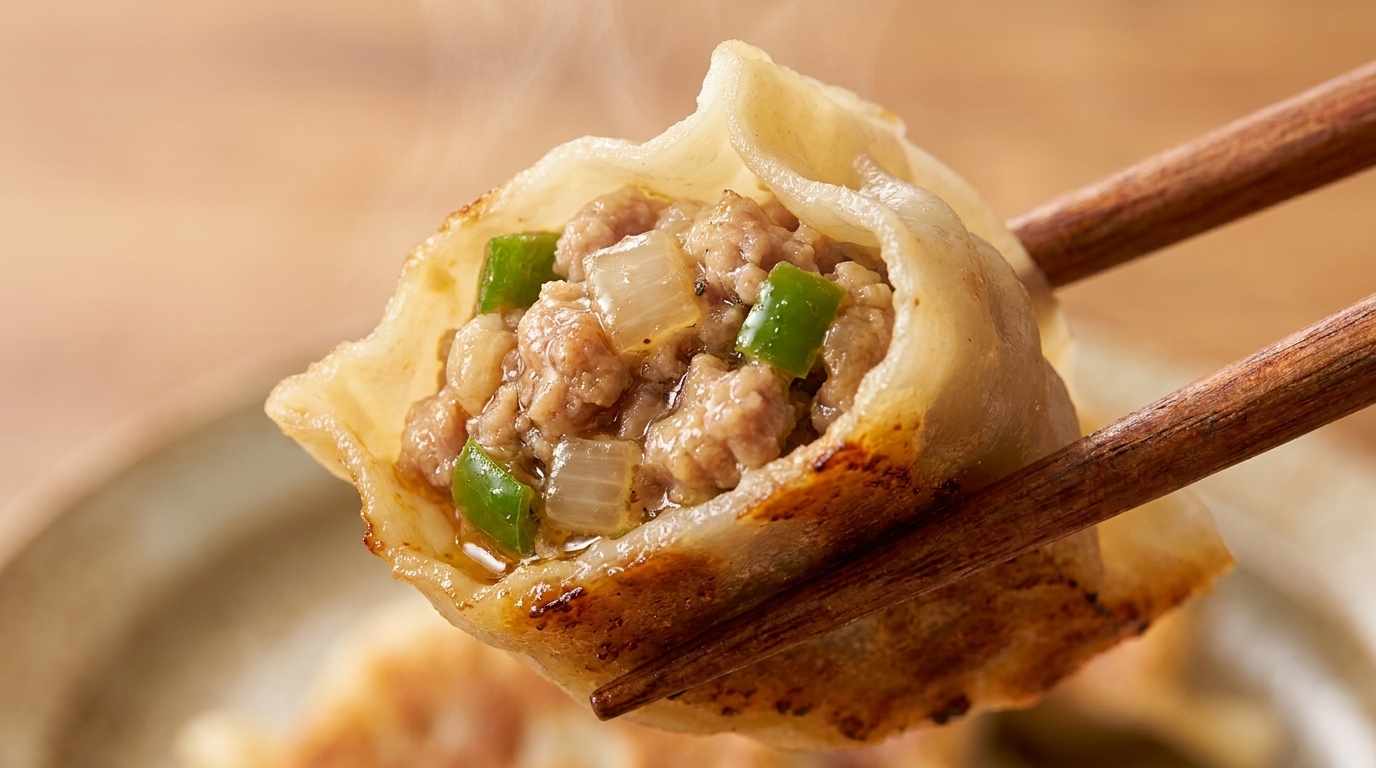 Un ravioli au porc BBQ parfaitement cuit, révélant une farce savoureuse et juteuse à base de porc, doignons et de poivrons.