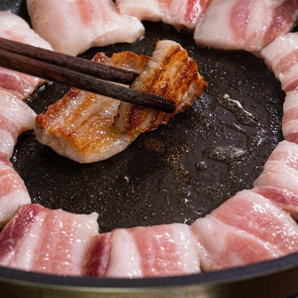 Tranches de poitrine de porc dorant dans la poêle, retournées avec des baguettes.