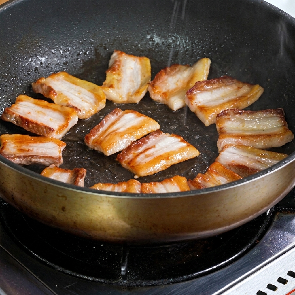 Oignons et ail hachés grésillant dans la poêle avec le porc doré.