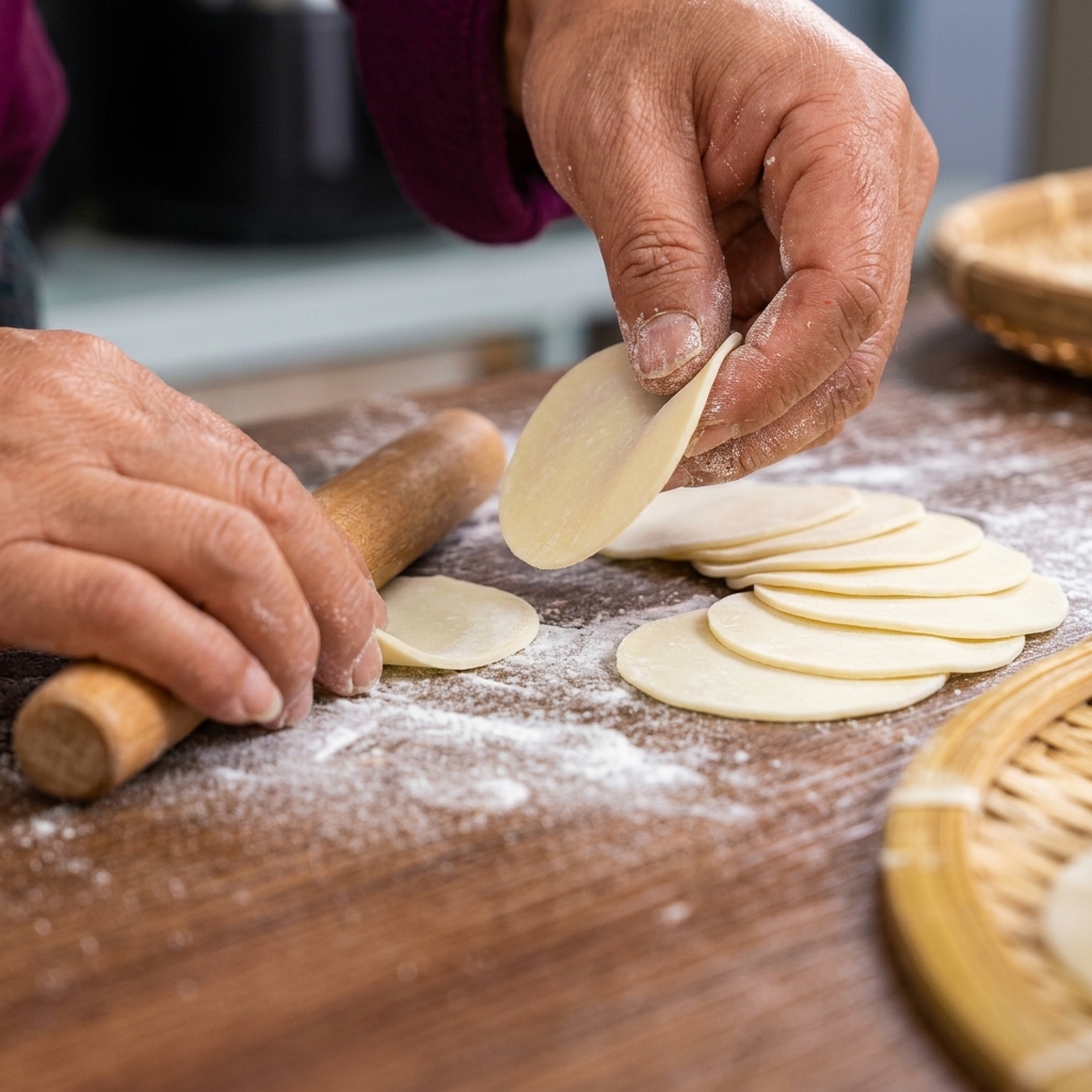 Mains pliant et scellant les raviolis garnis du mélange de viande et dœuf.