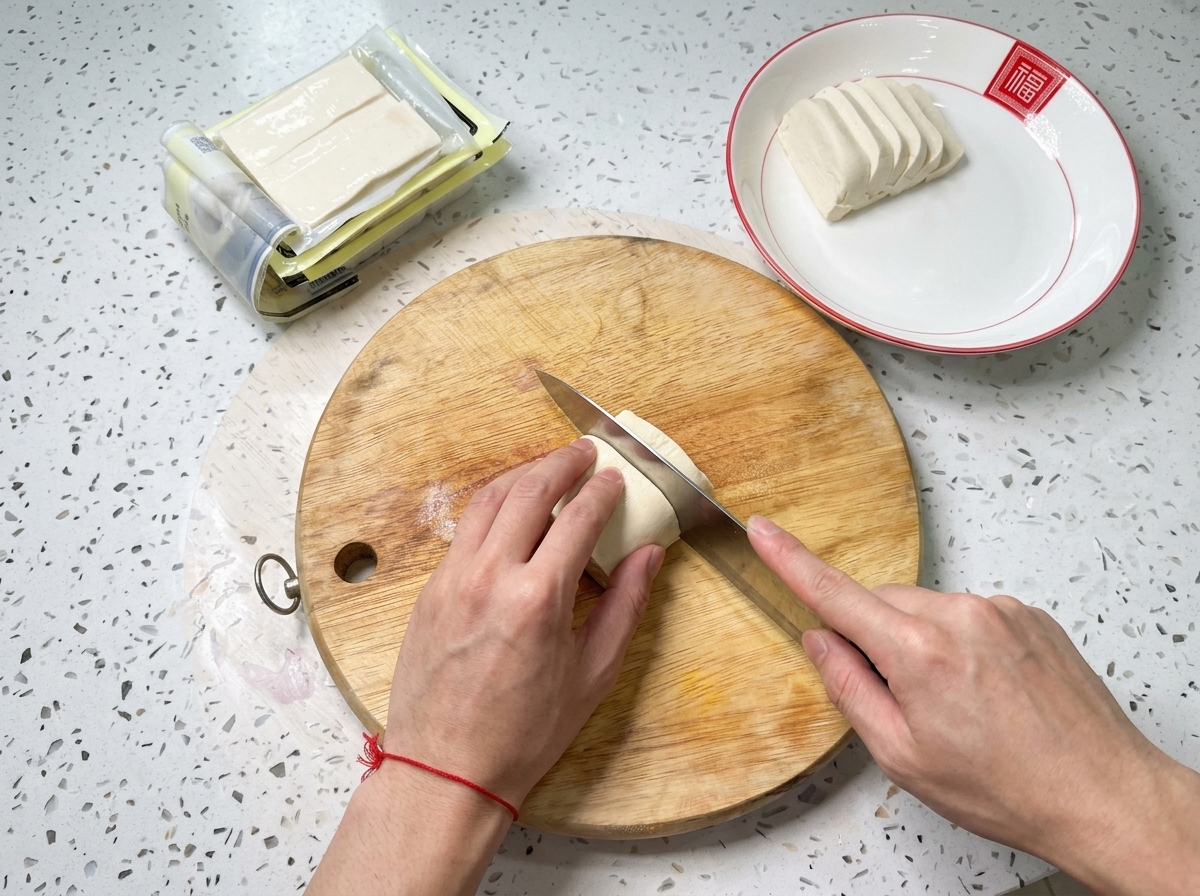 Tranches de tofu blanc disposées proprement sur une assiette blanche à bord rouge à côté de la planche à découper.