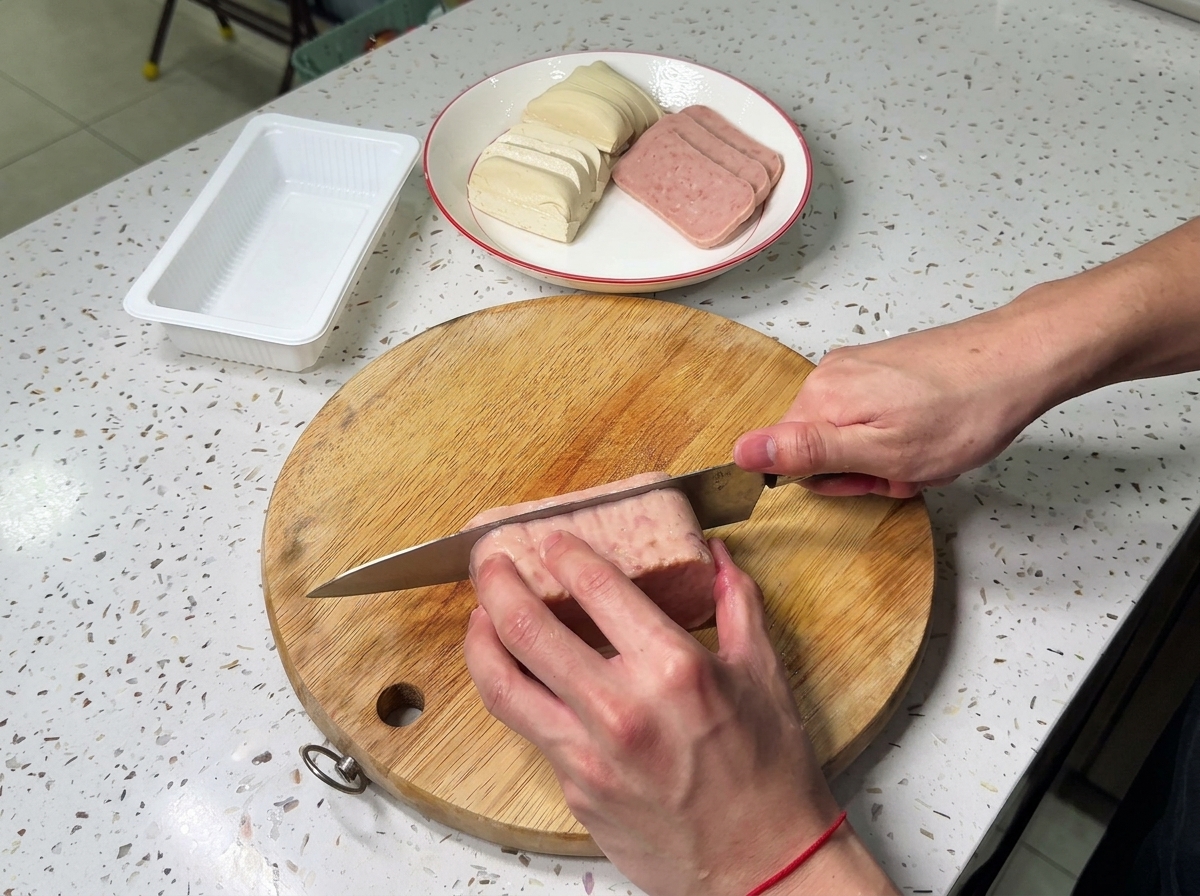 Tranches uniformes de viande de luncheon coupées sur une planche à découper en bois avec un couteau de chef.