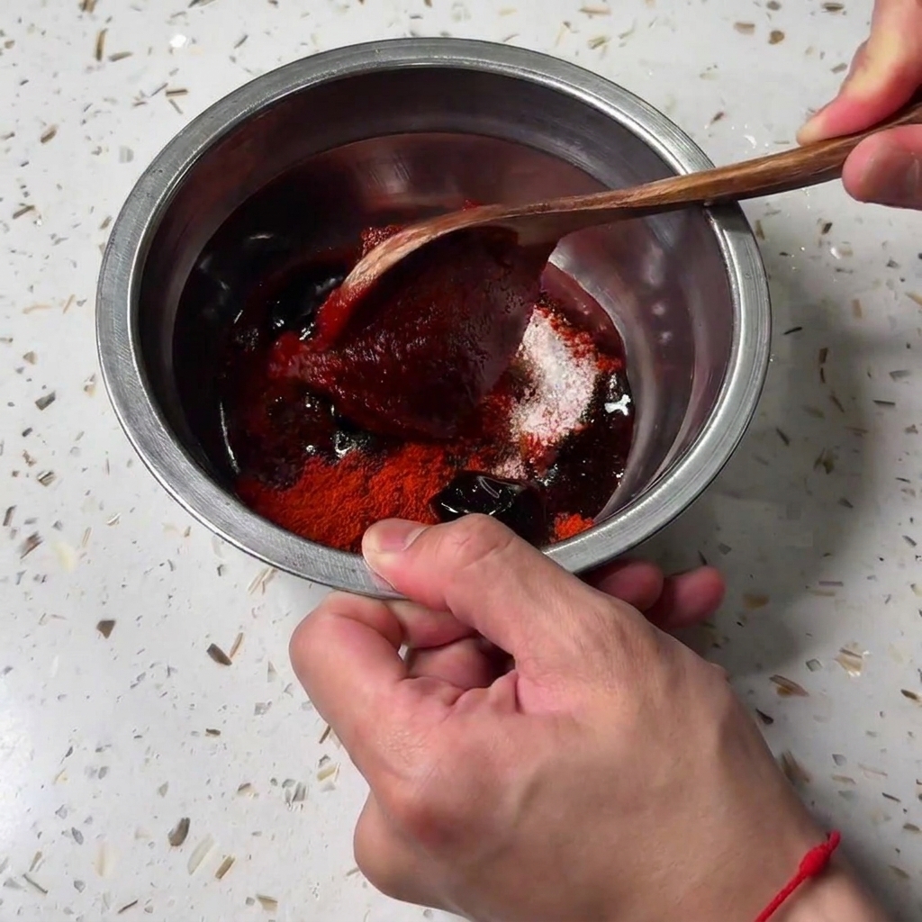 Gros plan sur une cuillère de pâte de piment rouge coréenne ajoutée dans un bol en métal contenant dautres assaisonnements.