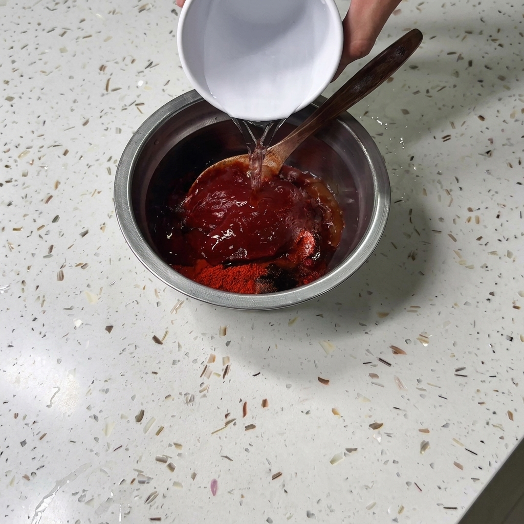 De leau versée dun petit bol blanc dans un bol en métal rempli dépices et de pâte dassaisonnement.