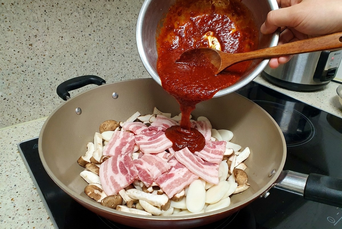 Versement du mélange de sauce rouge foncé et savoureuse sur les ingrédients disposés dans la casserole.