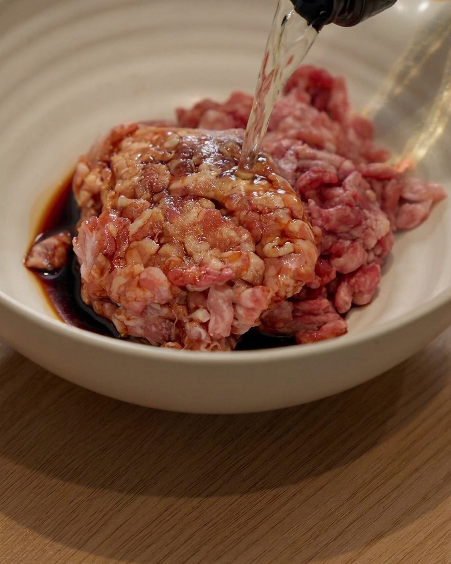 Porc haché dans un bol blanc assaisonné de sauce soja et de vin de cuisine.