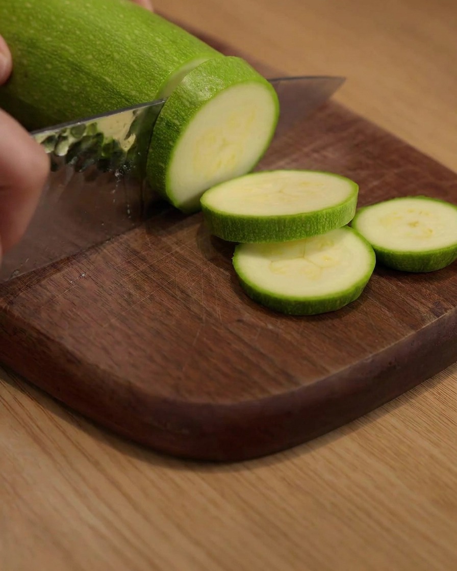 Courgette coupée en rondelles sur une planche à découper en bois.