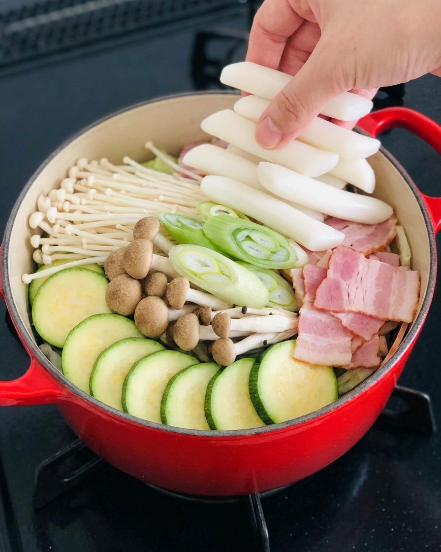 Une main plaçant des gâteaux de riz cylindriques blancs dans la disposition des ingrédients à lintérieur de la cocotte rouge.