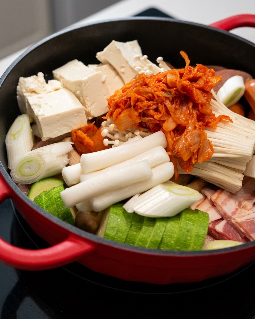 Kimchi rouge vibrant superposé sur les champignons enoki et dautres ingrédients à lintérieur de la cocotte.