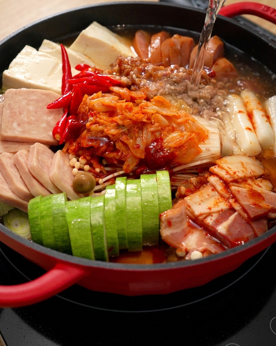 De leau sécoulant dans la cocotte rouge remplie dingrédients soigneusement disposés comme le kimchi, le luncheon meat et la courgette.