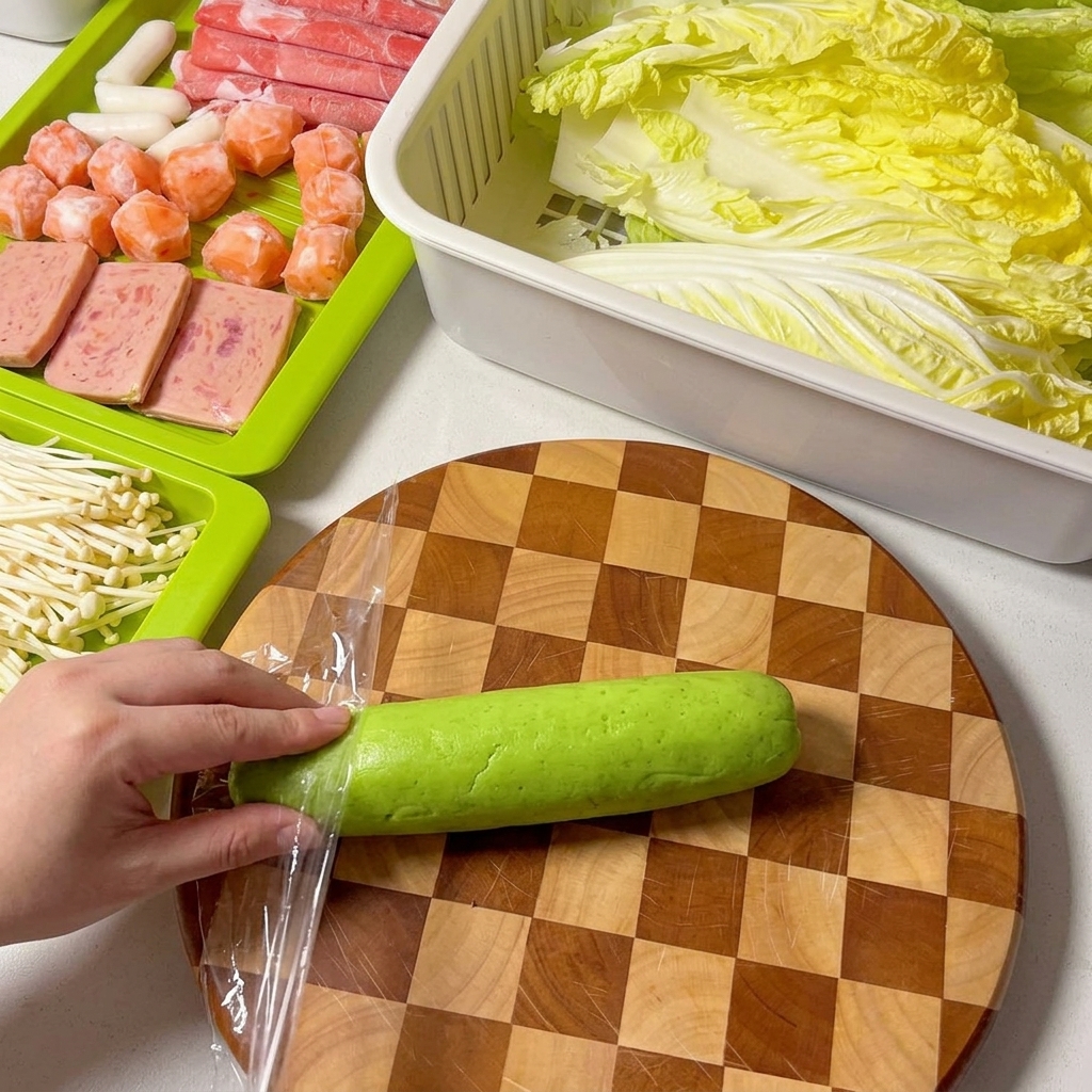 Courgette coupée en petits morceaux sur une planche à découper en bois.