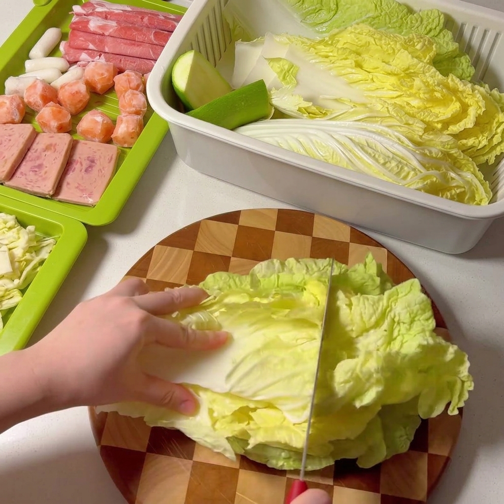 Feuilles de chou napa coupées en portions sur une planche à découper en bois.