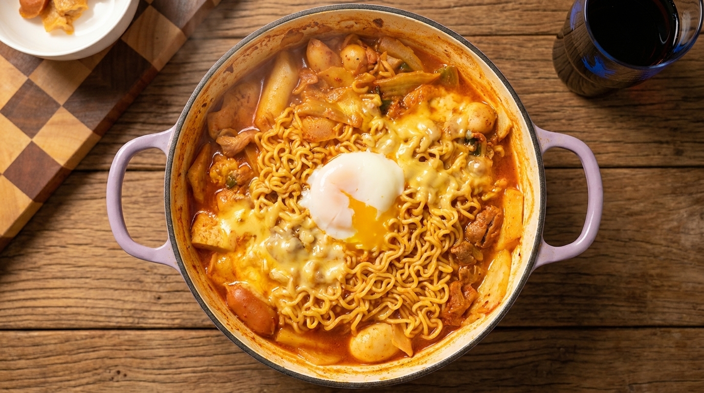 Une cocotte fumante de Budae Jjigae surmontée de ramen instantanés, dun œuf mollet et de fromage fondu.